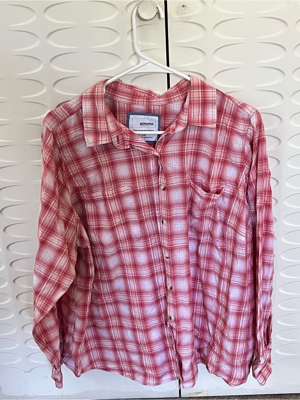 Sonoma 1XL Pink White Plaid 100% Cotton Flannel Shirt